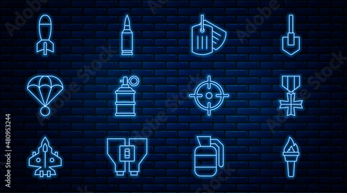 Set line Torch flame, Military reward medal, dog tag, Hand smoke grenade, Parachute, Rocket launcher, Target sport and Bullet icon. Vector