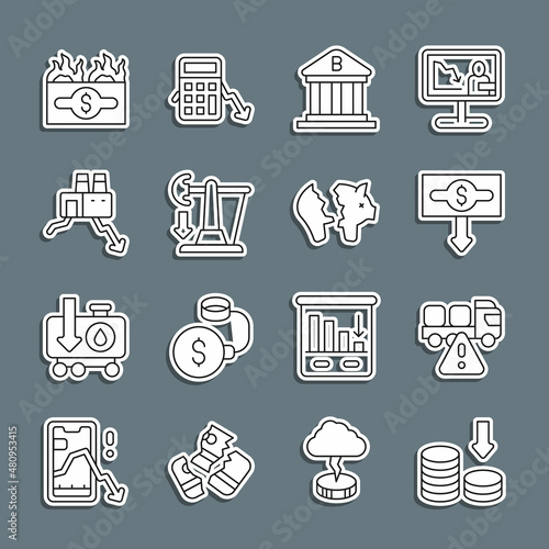 Set line Dollar rate decrease, Stop delivery cargo truck, Bank building, Drop crude oil price, Shutdown of factory, Burning dollar bill and Broken piggy bank icon. Vector