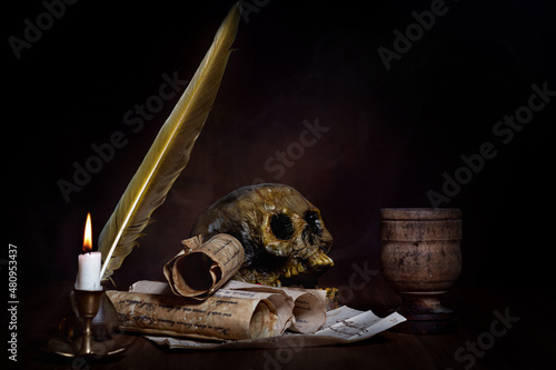 medieval occult still life with skull