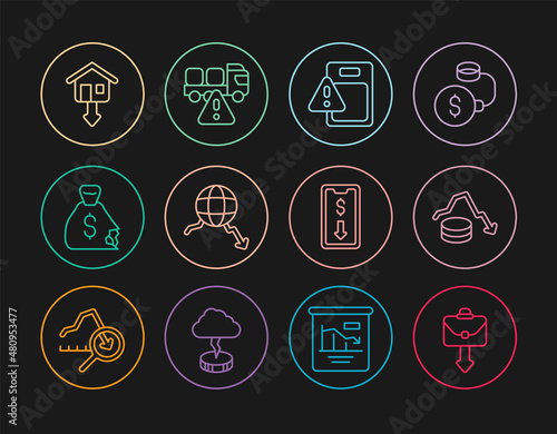 Set line Briefcase, Dollar rate decrease, Global economic crisis, Money bag, Falling property prices, Mobile stock trading and Stop delivery cargo truck icon. Vector