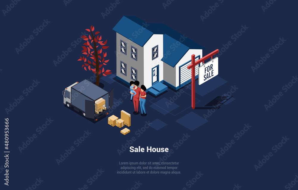 House Sale Concept Illustration. Isometric Vector Composition In Cartoon 3D Style. Family Characters Selling Or Buying New Home. Building Standing, Van With Package Near. Real Estate Business Agency House Sale Concept Illustration. Isometric Vector Composition In Cartoon 3D Style. Family Characters Selling Or Buying New Home. Building Standing, Van With Package Near. Real Estate Business Agency