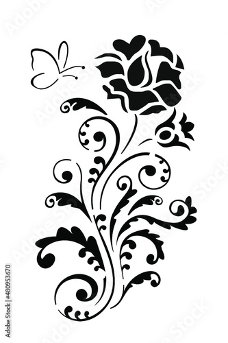 Silhouette roses and leaves. Flowers tattoo vector illustration. Laser cutting template of openwork vector silhouette. A card carved in vintage style for Valentine's Day.