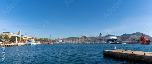 panorama of the Cartagena marina and port with many boats and a cruise ship