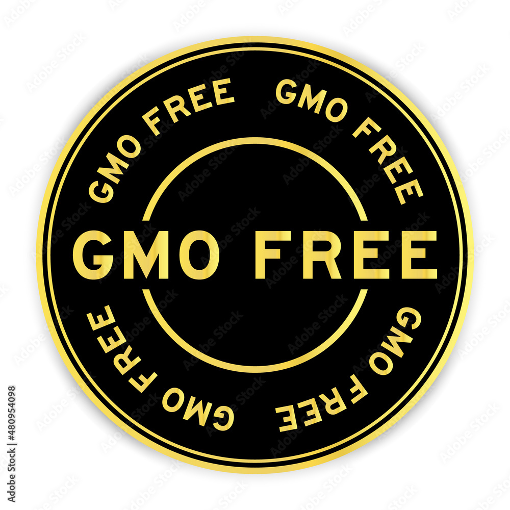 Black and gold color round label sticker with word GMO (abbreviation of Genetically Modified Organisms) free on white background