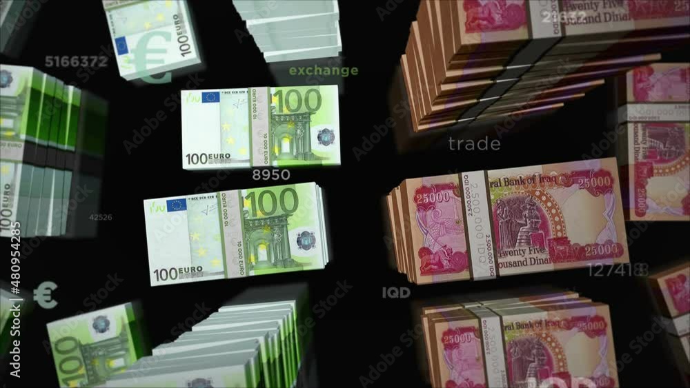 Euro and Iraq Dinar money exchange. Paper banknotes pack bundle. Concept of trade, economy, competition, crisis, banking and finance. Notes loopable seamless 3d animation. Euro and Iraq Dinar money exchange. Paper banknotes pack bundle. Concept of trade, economy, competition, crisis, banking and finance. Notes loopable seamless 3d animation.