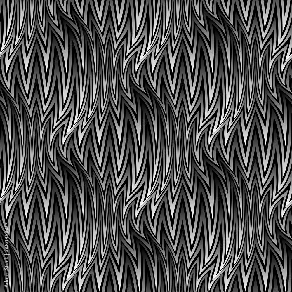 Vector embossed repeatable pattern of spiky flaps. Optical art monochrome texture for wallpaper design.