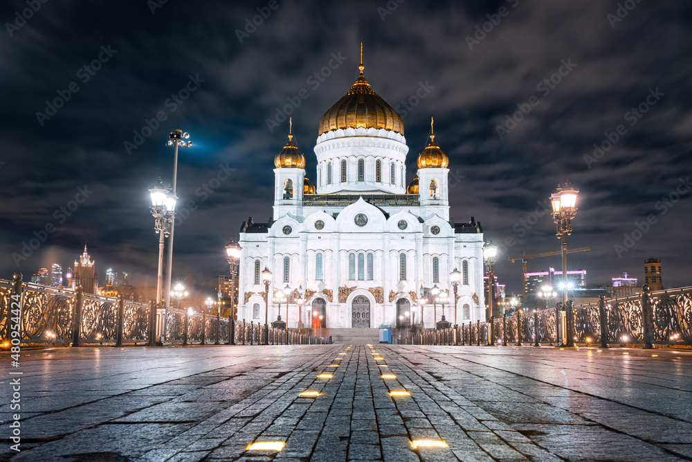 Cathedral of Christ the Savior at night as an iconic symbol of tourism and Christianity in Russia