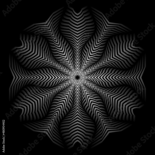 Optical art patterned abstract tribal symbol. Round pattern of monochrome stripes. Hypothetical sacred sign.