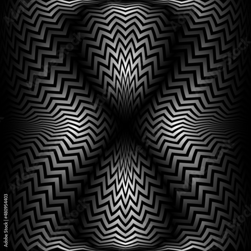 Optical art symmetric pattern of gradient zigzag stripes. Psychedelic monochrome background design.