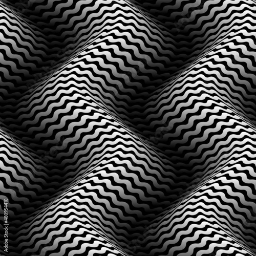 Vector seamless pattern of monochrome 3d waves. Op art gradient texture for wallpaper design.