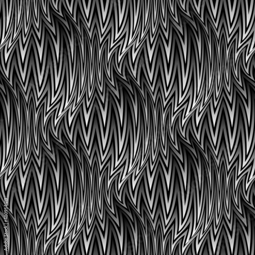 Vector embossed repeatable pattern of spiky flaps. Optical art monochrome texture for wallpaper design.