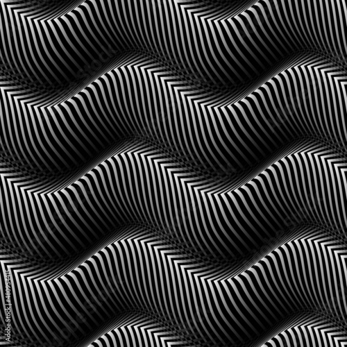 Vector moire seamless pattern of monochrome striped waves. Optical art winding texture for wallpaper design.