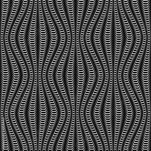 Vector embossed repeatable pattern of sinuous scaly stripes. Optical art monochrome texture for wallpaper design.