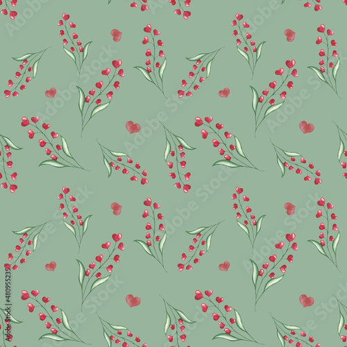 Watercolor seamless pattern from hand painted illustration of red hearts as flowers with green leaves. Design print on green background for design postcard  fabric textile  wedding invitation