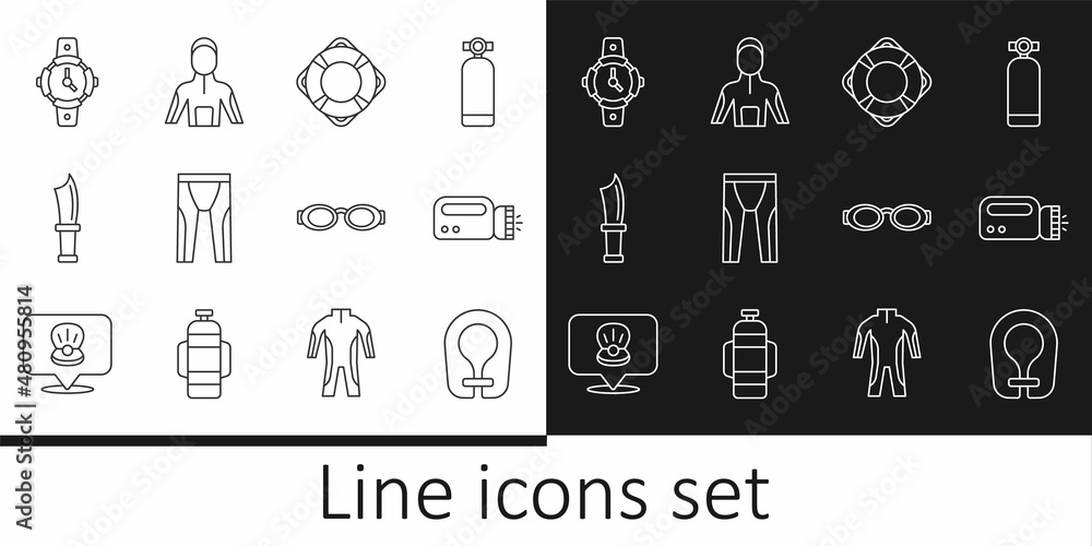 Set line Life jacket, Flashlight for diver, Lifebuoy, Wetsuit scuba diving, Diving knife, watch, Glasses swimming and icon. Vector Set line Life jacket, Flashlight for diver, Lifebuoy, Wetsuit scuba diving, Diving knife, watch, Glasses swimming and icon. Vector