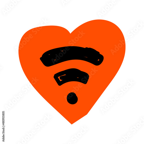 Valentines Day doodle icon Wi-Fi sign inside red heart shape. With love for wireless technology and the Internet. Abstract Hand drawn, line art, flat vector for web, banner, card, sticker.