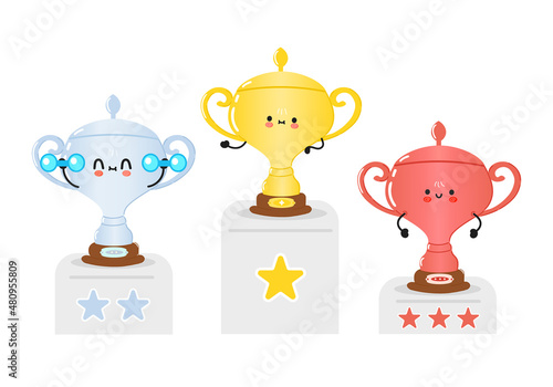 Funny cute happy trophy cup characters bundle set. Vector hand drawn doodle style cartoon character illustration icon design. Cute trophy cup mascot character collection