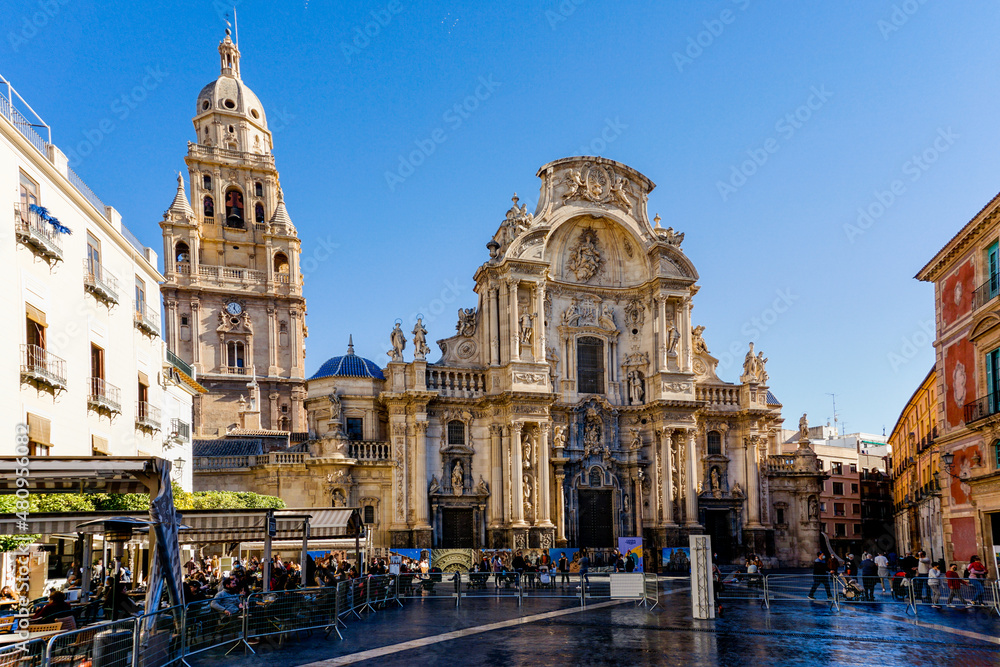 view of the cathedral and square in downtown Murcia
