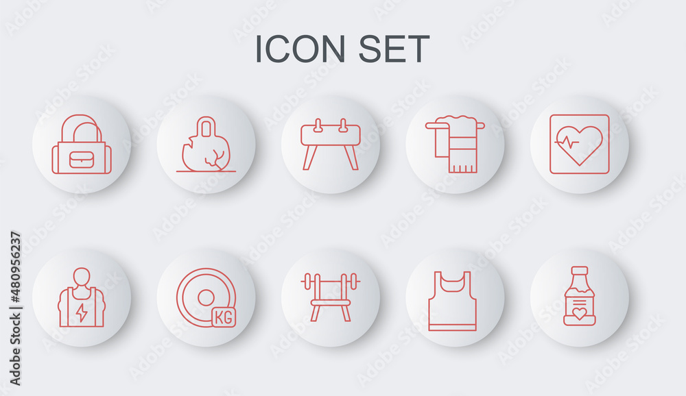 Set line Vitamins, Bodybuilder, Pommel horse, Sleeveless t-shirt, Sport bag, Broken weight, Weight plate and Bench with barbell icon. Vector Set line Vitamins, Bodybuilder, Pommel horse, Sleeveless t-shirt, Sport bag, Broken weight, Weight plate and Bench with barbell icon. Vector