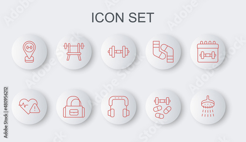Set line Shower, Heart rate, Dumbbell, Sports doping with dumbbell, Location gym, Bench barbell, bag and Headphones icon. Vector