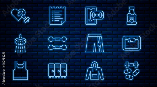 Set line Sports doping with dumbbell, Bathroom scales, Fitness app, Dumbbell, Shower, heart, Short pants and training program icon. Vector