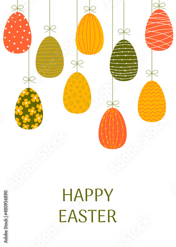 Happy Easter greeting card template. Colorful decorated Easter eggs in flat style. 