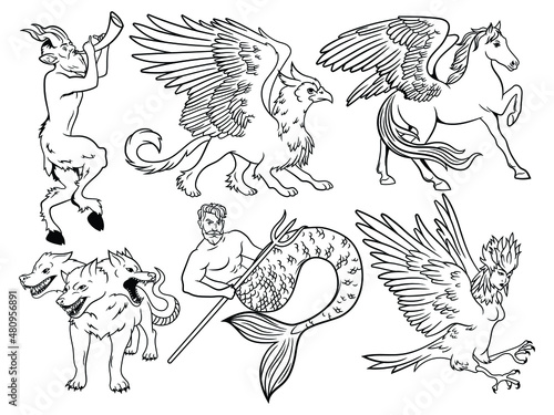 Set of mythological animals. Collection of Greek mythical creatures mermaid  minotaur  harpy  griffin. Fantasy people. Vector illustration various magical mythical creatures.