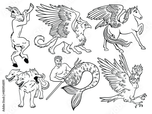 Set of mythological animals. Collection of Greek mythical creatures mermaid, minotaur, harpy, griffin. Fantasy people. Vector illustration various magical mythical creatures.