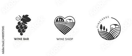 Wine, vineyard, organic natural winery logo collection. Vineyard field and grapes symbols and icons 