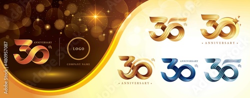 Set of 30th Anniversary logotype design, Ten years anniversary celebration Logo, Twist Infinity multiple line golden