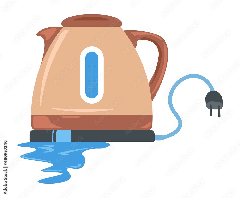Broken kitchen appliances, leaking kettle vector Broken kitchen appliances, leaking kettle vector