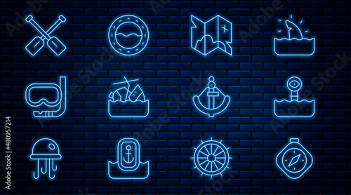 Set line Compass, Periscope, Pirate treasure map, Sinking cruise ship, Diving mask and snorkel, Paddle, Anchor and Ship porthole icon. Vector