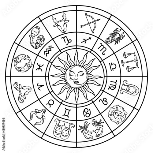 Illustration of zodiac circle with constellations signs. Sun and magic runes. Horoscope symbols for astrological forecasts  leo, taurus, sagittarius, aries, gemini, etc. Astrologica round.