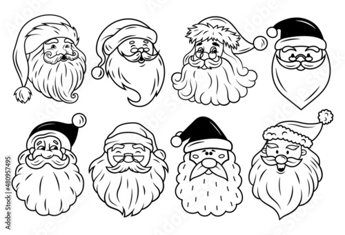 Set of Santa face. Collection of portrait Santa with beard and Christmas hat. Holiday design. Happy New Year symbol. Vector illustration on white background.