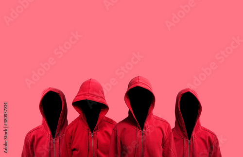 Collage with four red hoodie characters, cool gang teammates, blank template
