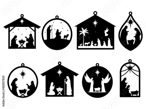 Set of holy Christmas scene on tree toys. Collection of silhouettes traditional christian characters holy night. Family decoration. Vector illustration of sacred elements for  holiday congratulation.