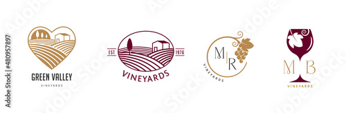 Wine, vineyard, organic natural winery logo collection. Vineyard field and grapes symbols and icons 