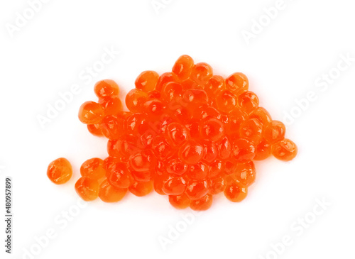 Pile of delicious red caviar isolated on white, top view