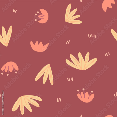 Illustration of a seamless pattern on a botanical theme. Canvas with flowers and plants. Simple cute style.
