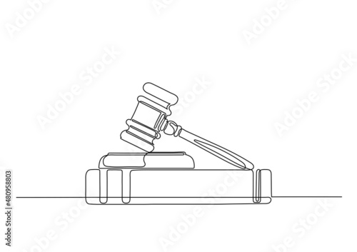 Judge gavel on book. Justice, law, court concept. Legal, juridical education. Continuous line vector illustration.