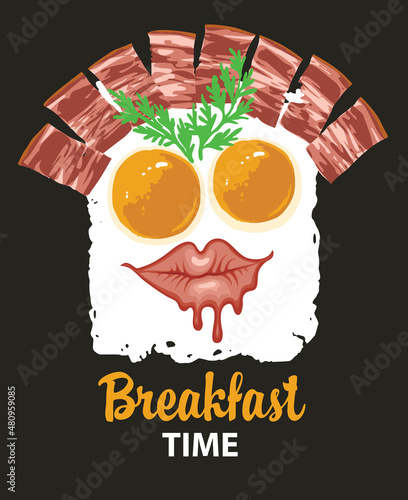Vector banner in the form of a funny face with two fried eggs, delicious fried bacon and dill on a black background. Food and drink menu or flyer in retro style with the inscription Breakfast time