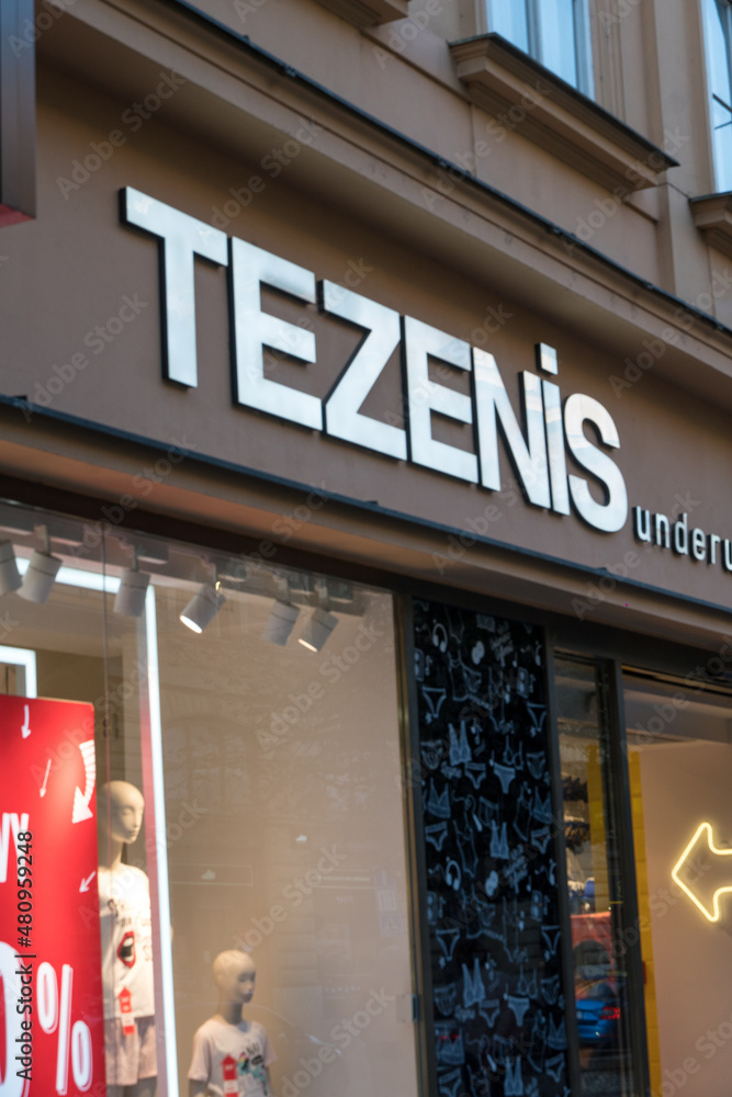 Prague, Czech Republic - July 22, 2020: Tezenis store exterior. Belonging  to Calzedonia Group, Tezenis is an Italian fashion brand that produces  underwear socks and costumes for women men and children Stock
