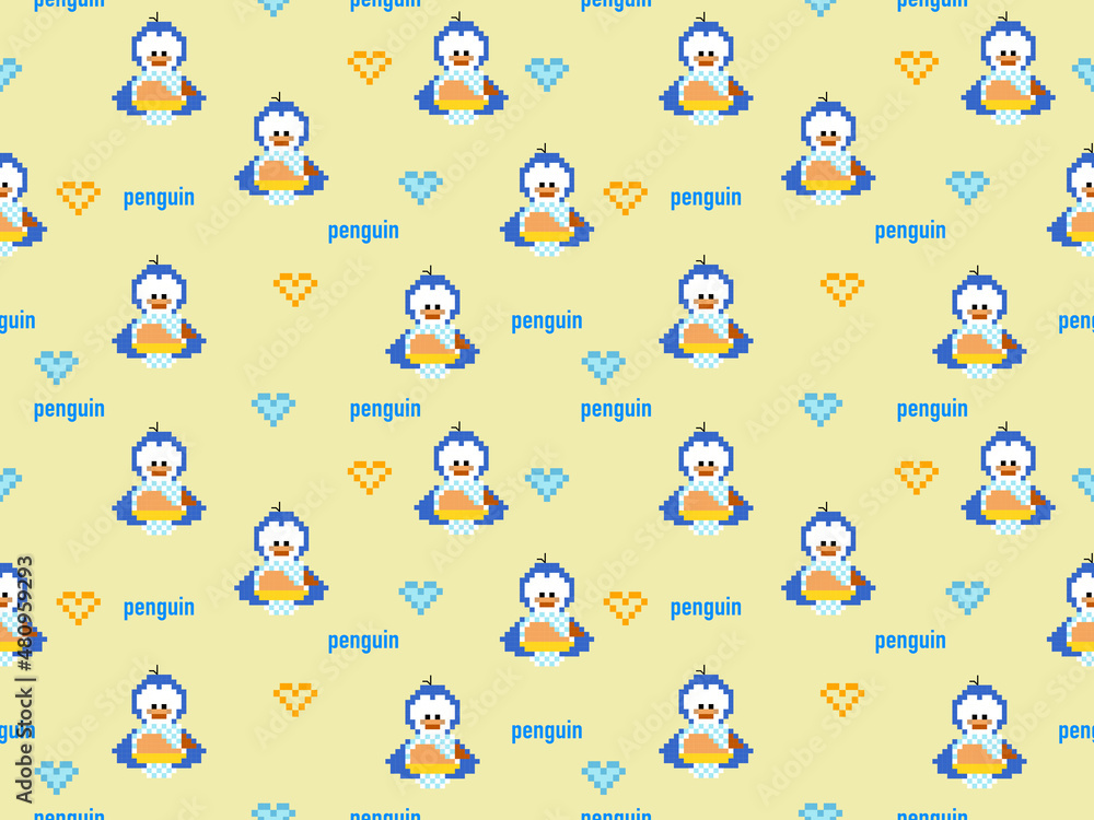 Penguin cartoon character seamless pattern on yellow background.Pixel style Penguin cartoon character seamless pattern on yellow background.Pixel style
