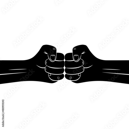 Silhouette clenched male fists bumping together. Concept of conflict, confrontation, resistance, competition, struggle, unity. Vector outline illustration