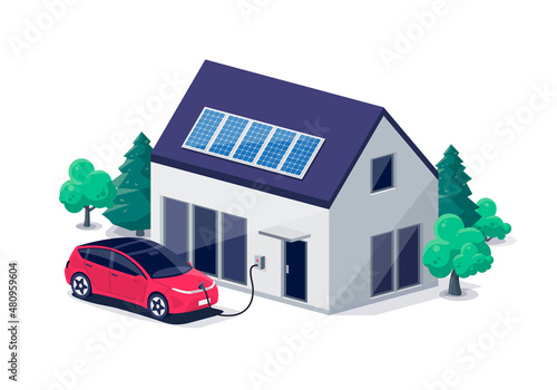 Electric car parking charging at home wall box charger station on residence family house. Energy storage with photovoltaic solar panels on building roof. Renewable smart power electricity backup grid.