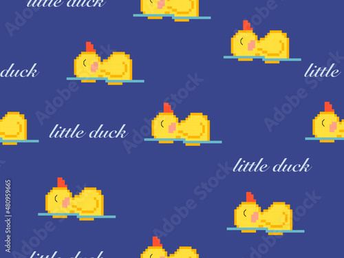 Duck cartoon character seamless pattern on blue background.Pixel style
