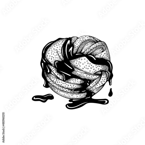 Black Engraved donut Cake Sweets with chocolate Graphic Isolated Illustration