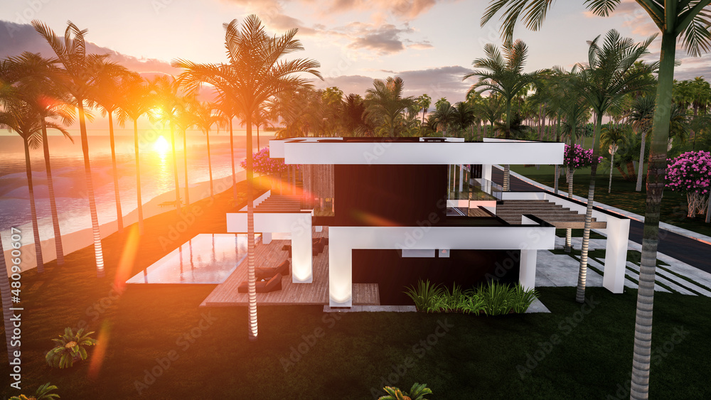 Fototapeta premium 3d rendering of modern cozy house with pool and parking for sale or rent in luxurious style by the sea or ocean. Sunset evening by the azure coast with palm trees and flowers in tropical island