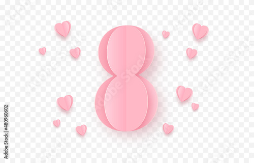 Vector paper number eight on an isolated transparent background. Numeral eight png, women's day. Paper hearts png. Holiday, the eighth of March, png.