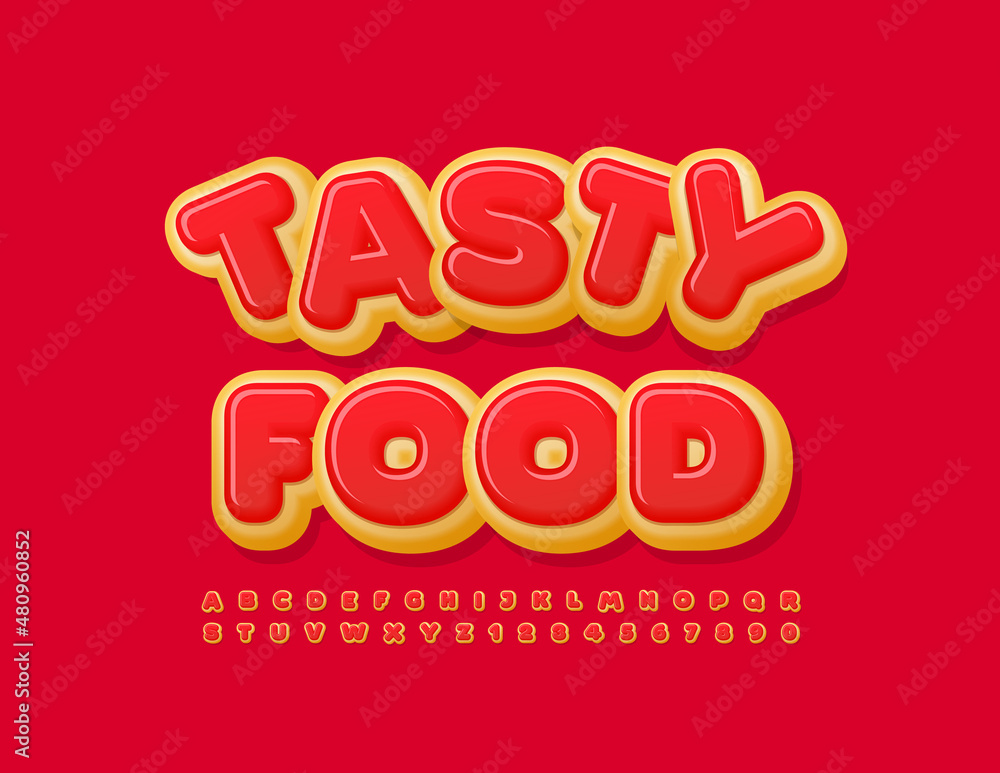 Vector bright emblem Tasty Food with Donut style Font. Red glazed Cake Alphabet Letters and Numbers set Vector bright emblem Tasty Food with Donut style Font. Red glazed Cake Alphabet Letters and Numbers set
